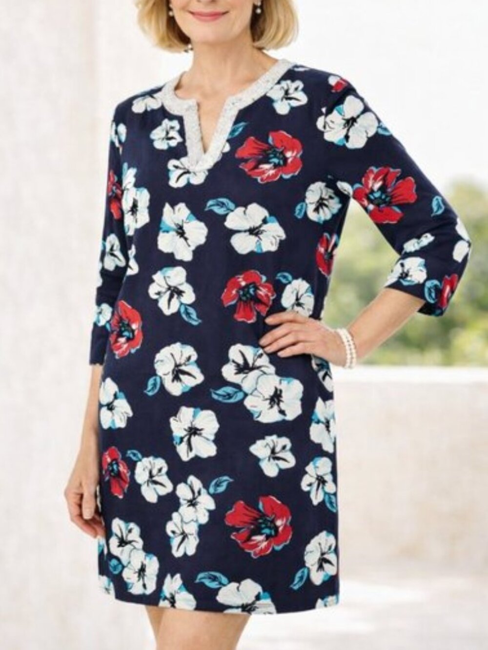 NEW Talbots 100% Linen Hibiscus Dress SIZE Large - Beaded Neck Detail - Resort